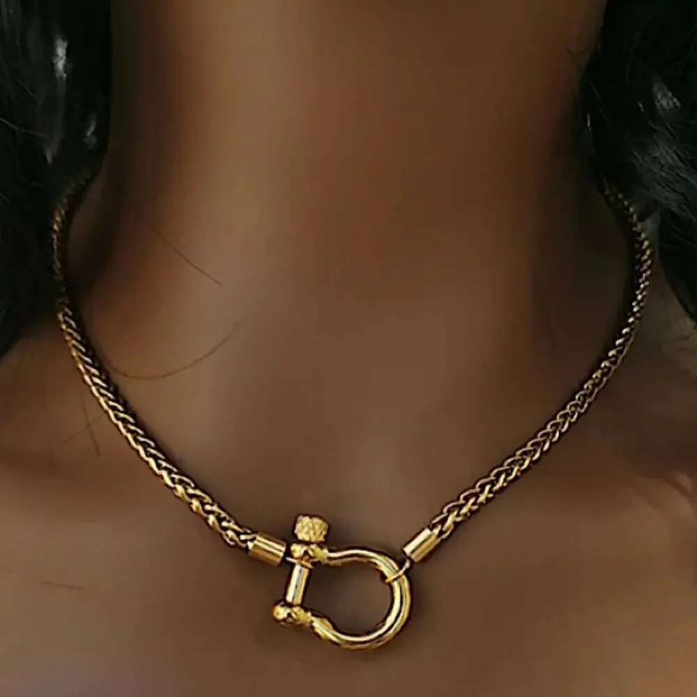 Horseshoe Gold Statement Choker Necklace, Horse D Ring